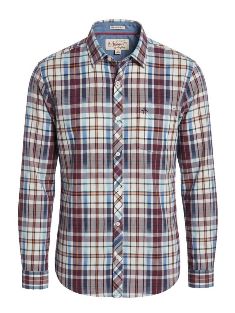Original Penguin Heritage Slim Fit Plaid Cotton Shirt Burgundy Blue L